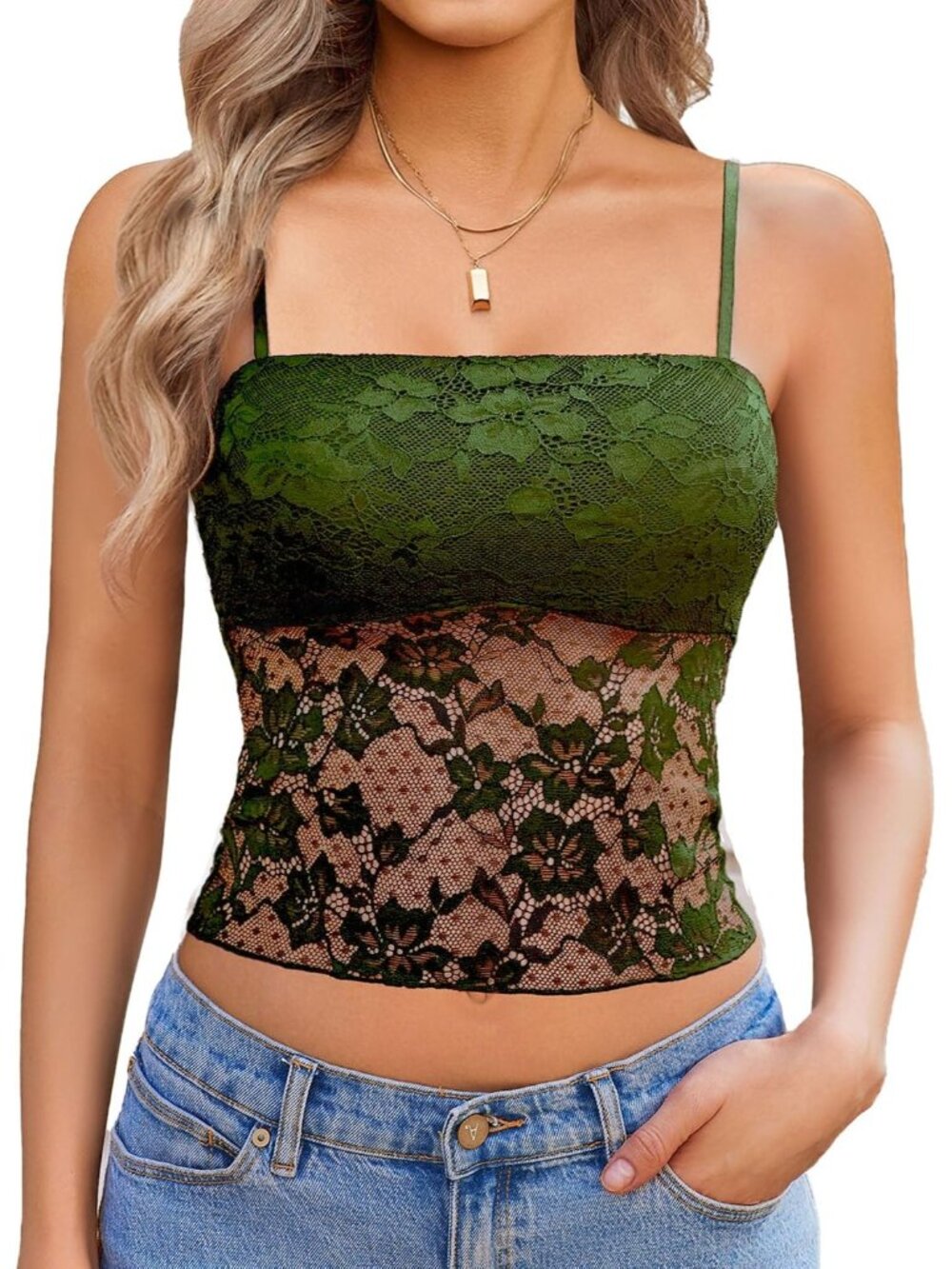 Women's Green Floral Mesh Lace Crop Camisole Lined Bust Sheer Summer Tank Top